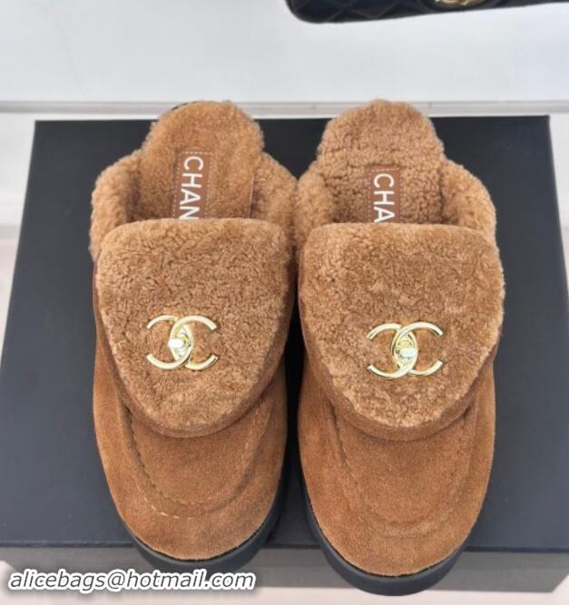 Good Looking Chanel Suede & Wool Flat Mules with CC Foldover G45474 Brown 1120090