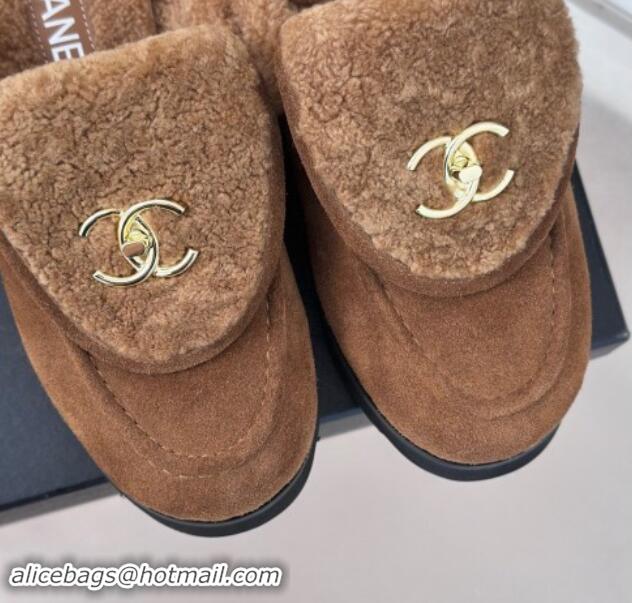 Good Looking Chanel Suede & Wool Flat Mules with CC Foldover G45474 Brown 1120090