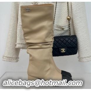 Low Price Chanel Calfskin Leather Heel Pile High Boots Beige 1120091