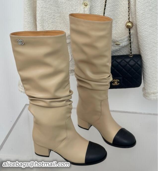 Low Price Chanel Calfskin Leather Heel Pile High Boots Beige 1120091