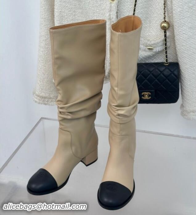 Low Price Chanel Calfskin Leather Heel Pile High Boots Beige 1120091