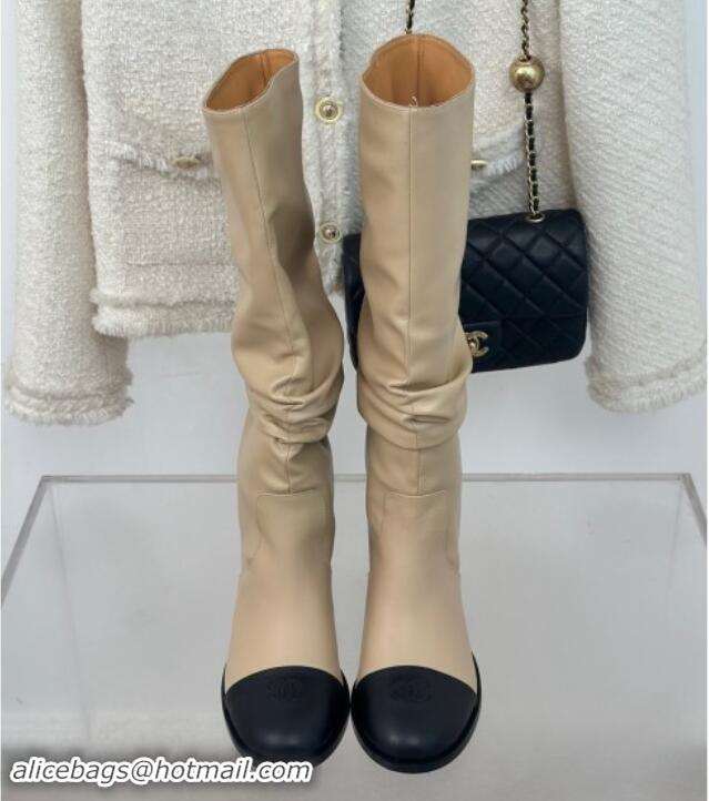 Low Price Chanel Calfskin Leather Heel Pile High Boots Beige 1120091