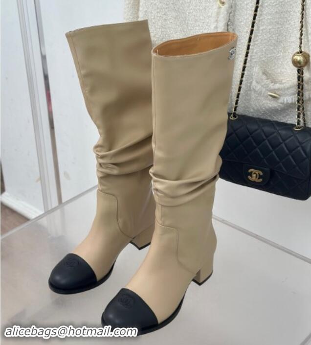 Low Price Chanel Calfskin Leather Heel Pile High Boots Beige 1120091