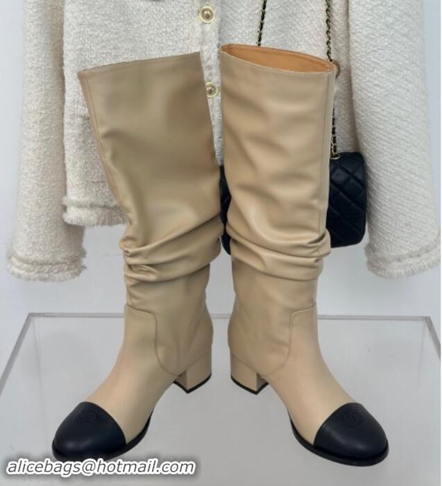 Low Price Chanel Calfskin Leather Heel Pile High Boots Beige 1120091