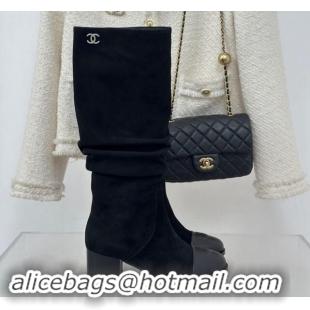 Best Product Chanel Suede Heel Pile High Boots Black 120092