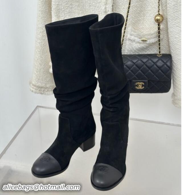 Best Product Chanel Suede Heel Pile High Boots Black 120092