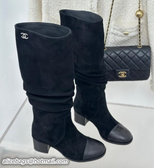 Best Product Chanel Suede Heel Pile High Boots Black 120092