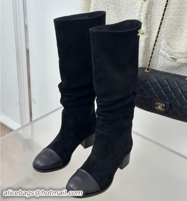 Best Product Chanel Suede Heel Pile High Boots Black 120092