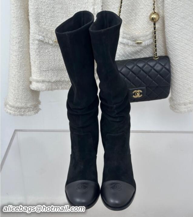 Best Product Chanel Suede Heel Pile High Boots Black 120092