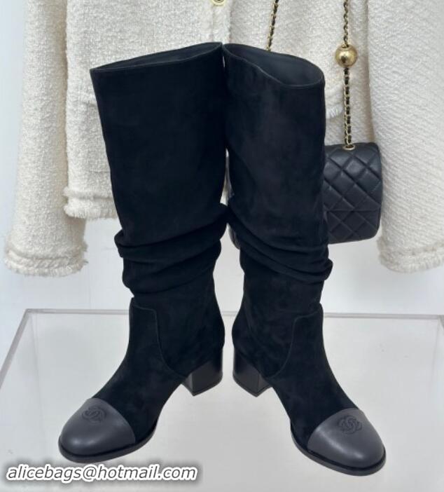 Best Product Chanel Suede Heel Pile High Boots Black 120092