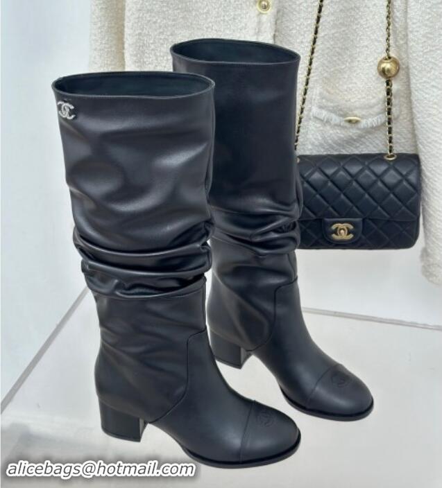 Most Popular Chanel Calfskin Leather Heel Pile High Boots Black 120093