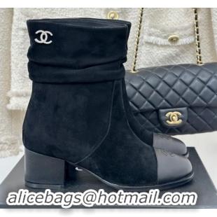 Best Grade Chanel Suede Heel Pile Ankle Boots Black 1120094