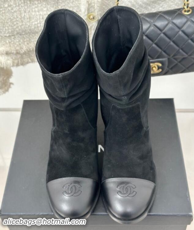 Best Grade Chanel Suede Heel Pile Ankle Boots Black 1120094