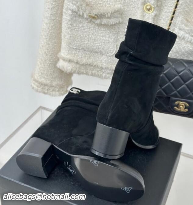 Best Grade Chanel Suede Heel Pile Ankle Boots Black 1120094