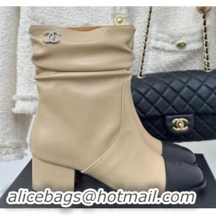 Shop Duplicate Chanel Calfskin Leather Heel Pile Ankle Boots Beige 1120095