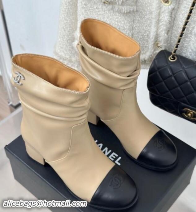 Shop Duplicate Chanel Calfskin Leather Heel Pile Ankle Boots Beige 1120095