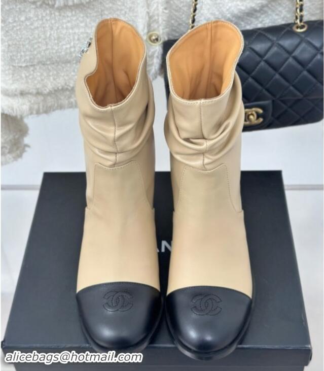 Shop Duplicate Chanel Calfskin Leather Heel Pile Ankle Boots Beige 1120095