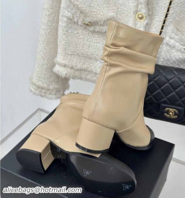 Shop Duplicate Chanel Calfskin Leather Heel Pile Ankle Boots Beige 1120095