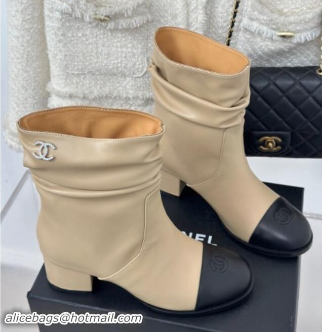 Shop Duplicate Chanel Calfskin Leather Heel Pile Ankle Boots Beige 1120095