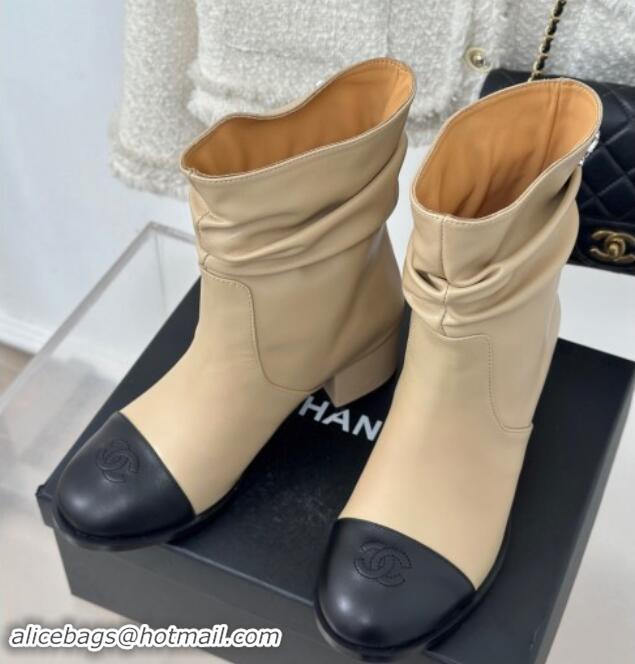 Shop Duplicate Chanel Calfskin Leather Heel Pile Ankle Boots Beige 1120095