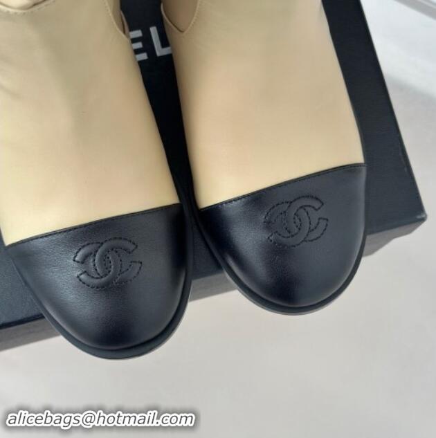 Shop Duplicate Chanel Calfskin Leather Heel Pile Ankle Boots Beige 1120095