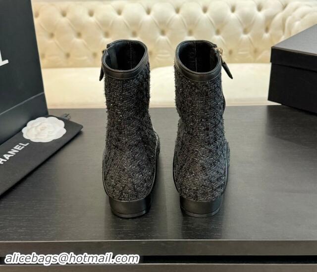 Good Quality Chanel Tweed Patchwork Ankle Boots Black/Blue 120097