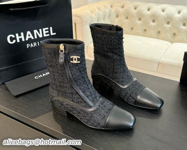 Good Quality Chanel Tweed Patchwork Ankle Boots Black/Blue 120097