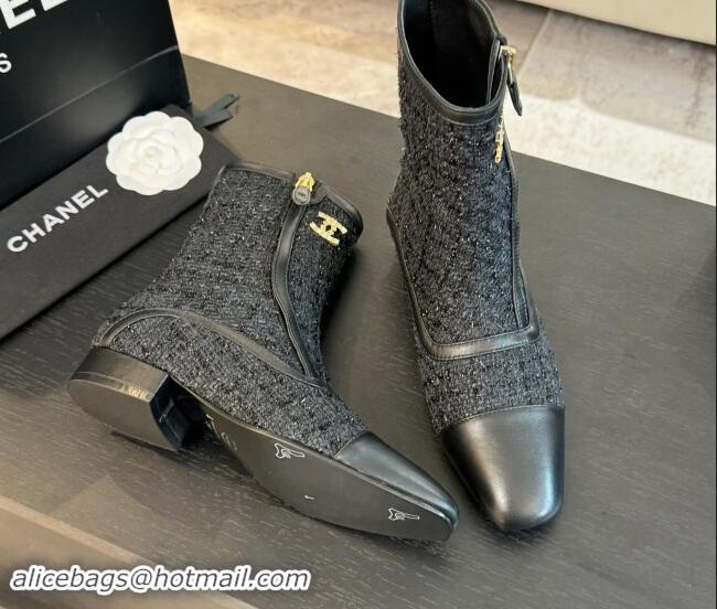 Good Quality Chanel Tweed Patchwork Ankle Boots Black/Blue 120097