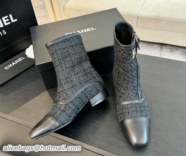 Good Quality Chanel Tweed Patchwork Ankle Boots Black/Blue 120097