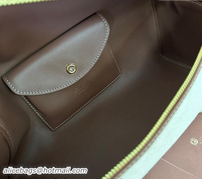 Buy Discount Loro Piana Extra Pocket Pouch L27 in Smooth Calfskin and Canvas 7130 Caramel Brown 2024