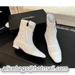 Buy Luxury Chanel Tweed Patchwork Ankle Boots White 1120099