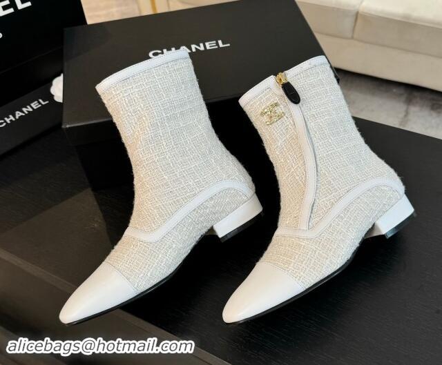 Buy Luxury Chanel Tweed Patchwork Ankle Boots White 1120099