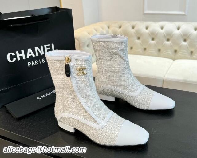 Buy Luxury Chanel Tweed Patchwork Ankle Boots White 1120099