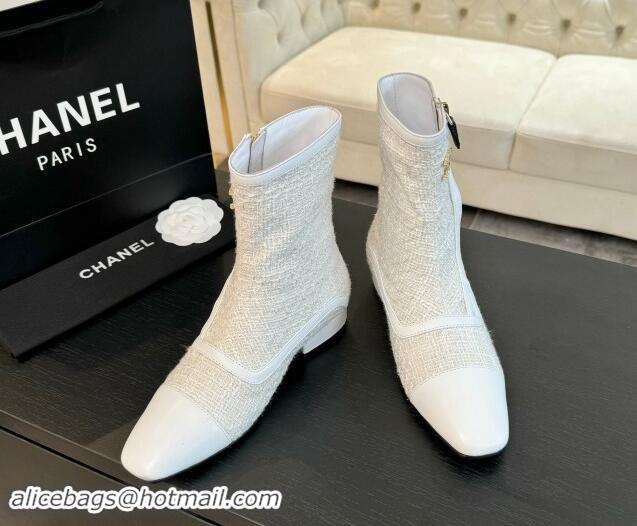 Buy Luxury Chanel Tweed Patchwork Ankle Boots White 1120099