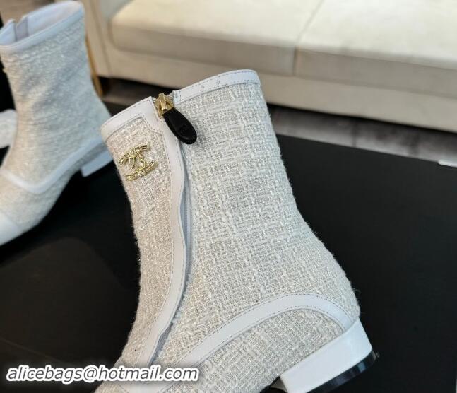 Buy Luxury Chanel Tweed Patchwork Ankle Boots White 1120099