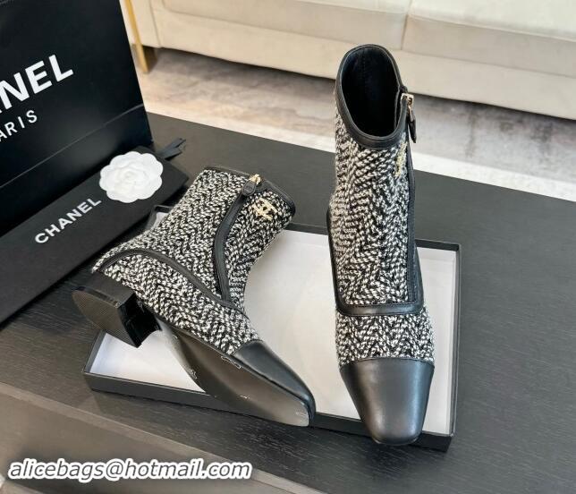 Fashion Chanel Tweed Patchwork Ankle Boots Black/White 120100