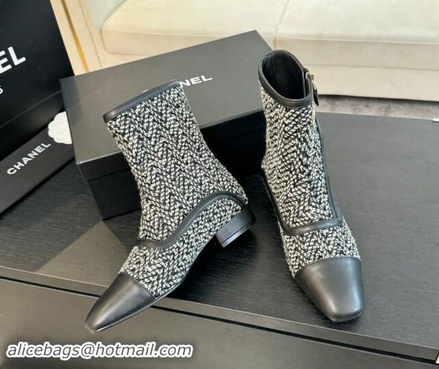 Fashion Chanel Tweed Patchwork Ankle Boots Black/White 120100