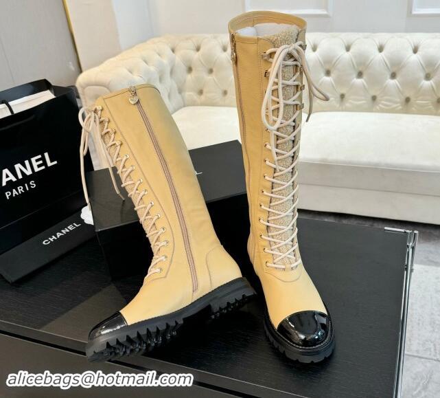 Good Quality Chanel Calfskin & Tweed Laced-up High Boots Beige 1120101