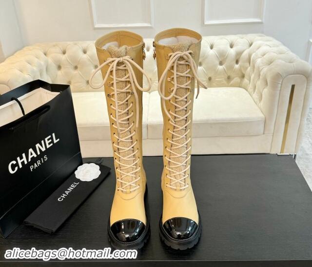 Good Quality Chanel Calfskin & Tweed Laced-up High Boots Beige 1120101