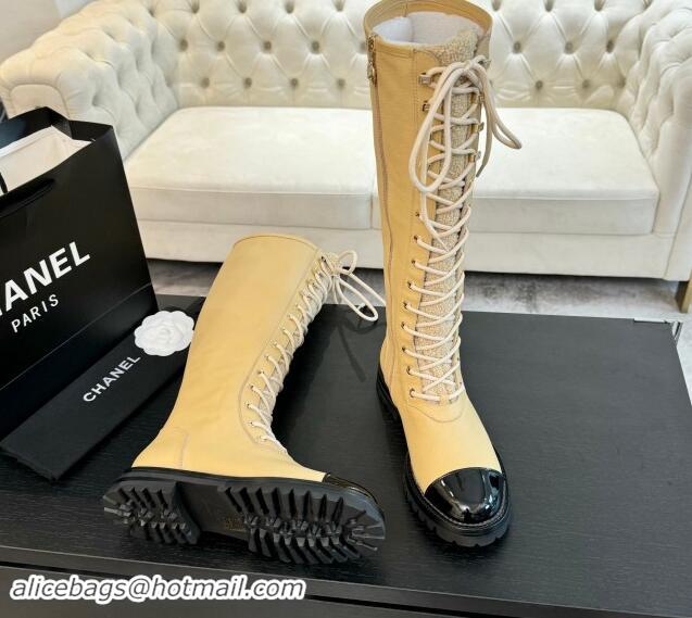 Good Quality Chanel Calfskin & Tweed Laced-up High Boots Beige 1120101