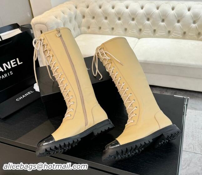 Good Quality Chanel Calfskin & Tweed Laced-up High Boots Beige 1120101