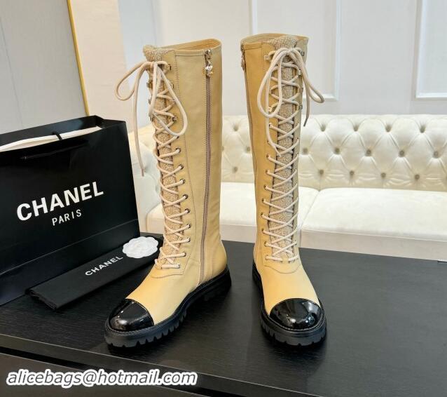 Good Quality Chanel Calfskin & Tweed Laced-up High Boots Beige 1120101