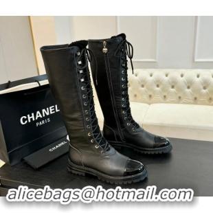 Grade Quality Chanel Calfskin & Tweed Laced-up High Boots Black 120102