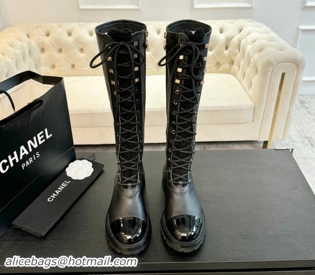 Grade Quality Chanel Calfskin & Tweed Laced-up High Boots Black 120102