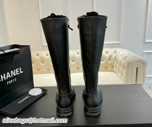 Grade Quality Chanel Calfskin & Tweed Laced-up High Boots Black 120102