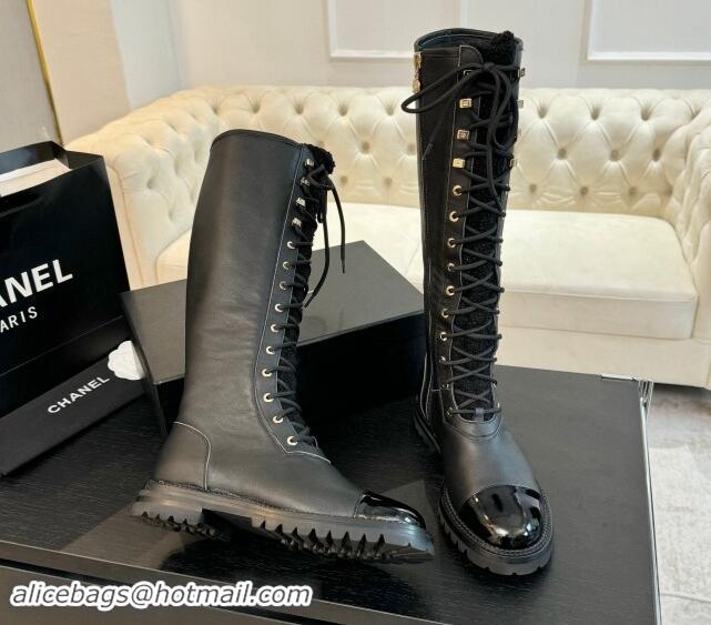 Grade Quality Chanel Calfskin & Tweed Laced-up High Boots Black 120102