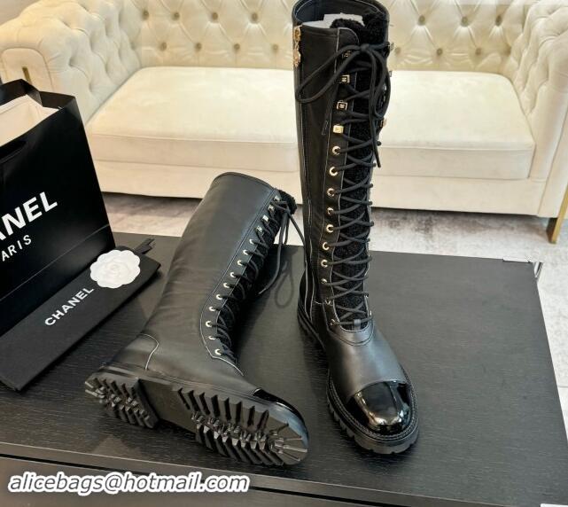 Grade Quality Chanel Calfskin & Tweed Laced-up High Boots Black 120102