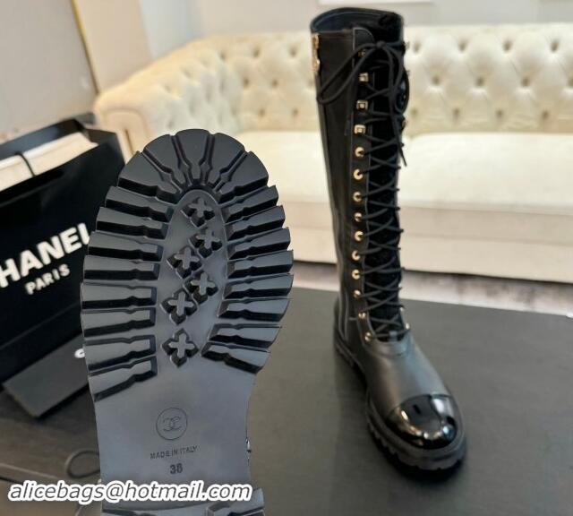 Grade Quality Chanel Calfskin & Tweed Laced-up High Boots Black 120102