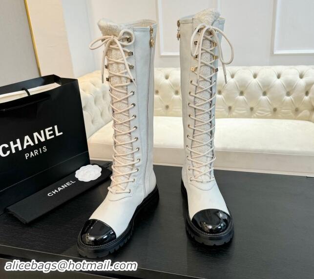 Luxury Chanel Calfskin & Tweed Laced-up High Boots White 120103