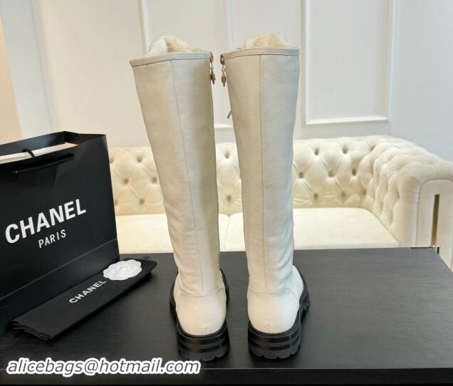 Luxury Chanel Calfskin & Tweed Laced-up High Boots White 120103